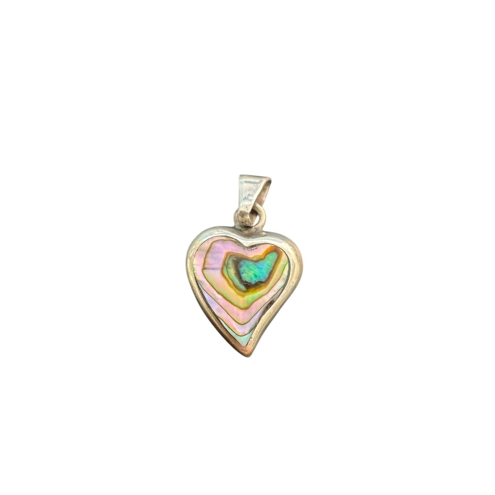 ATI 925 Sterling Silver Heart Pendant Necklace Charm Abalone Inlay